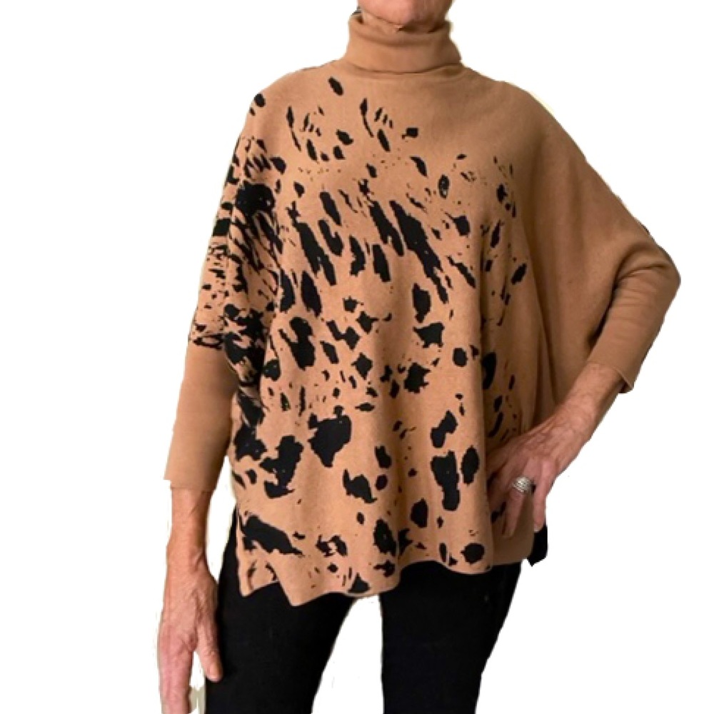Alfani Camel & Black Top/Turtleneck Afghan Style Abstract Print Dolman Sleeves